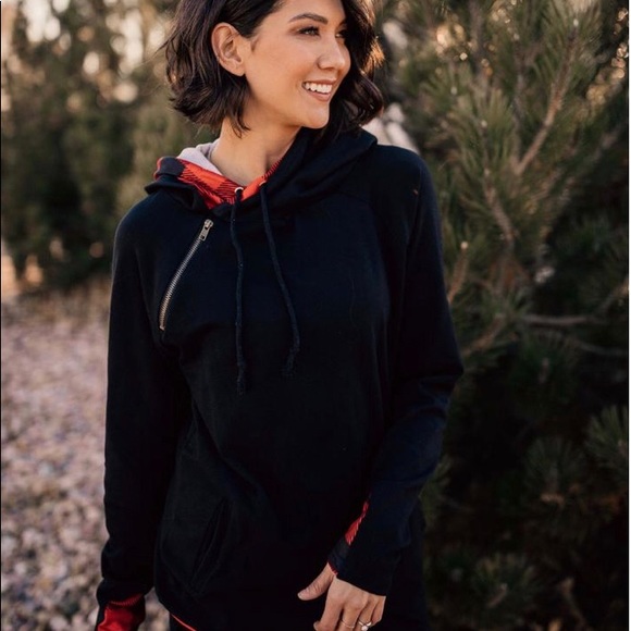 Black/Plaid Double Hooded Sweatshirt - Picture 2 of 4